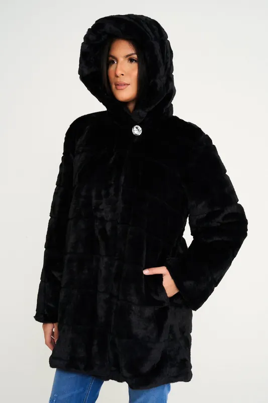 Hooded Faux Fur Coat - ELLE