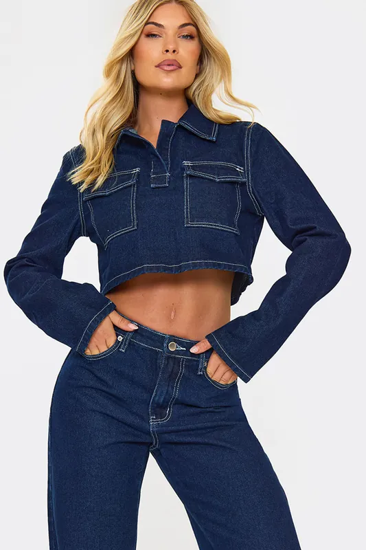 Long Sleeve Pocket Detail Denim Crop Top - EGO