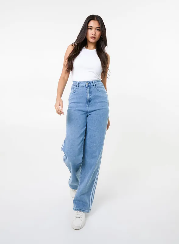 Stripe Detail Denim High Waist Jeans - Pink Vanilla