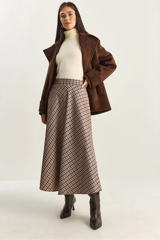 Plaid Patterned High Waist Maxi Skirt - Bianco Lucci