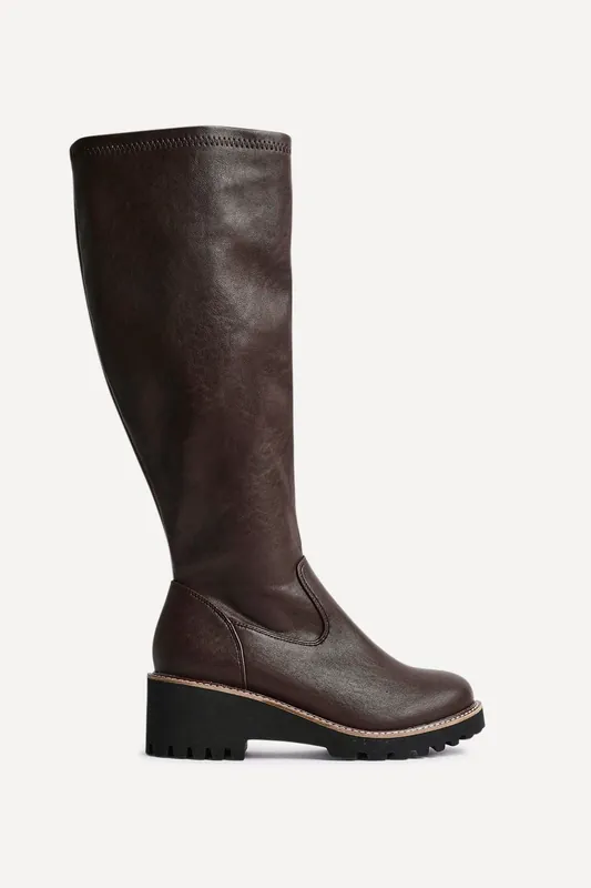 Maintain Wide Fit Brown Faux Leather Stretch High Leg Wedge Boot - Linzi