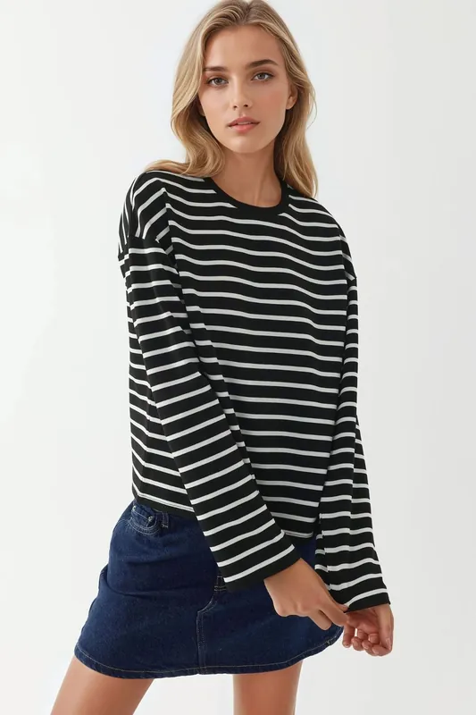 Striped Crew Neck Long Sleeve Cotton Top - Hiccup