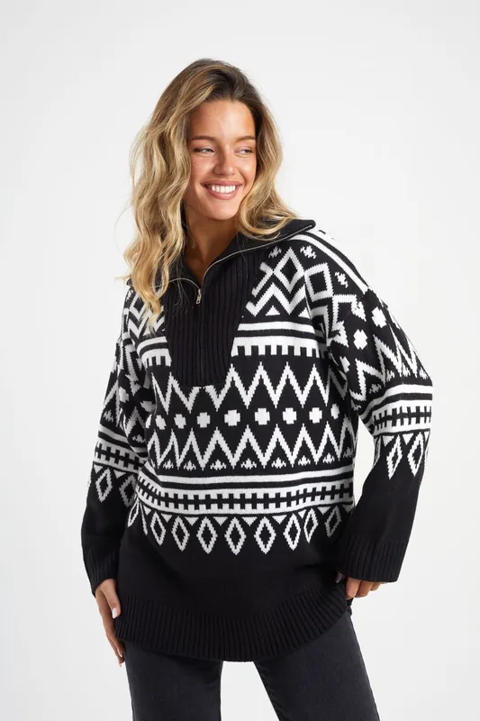 Oversized Zip Neck Knitted Pattern Jumper - Brave Soul