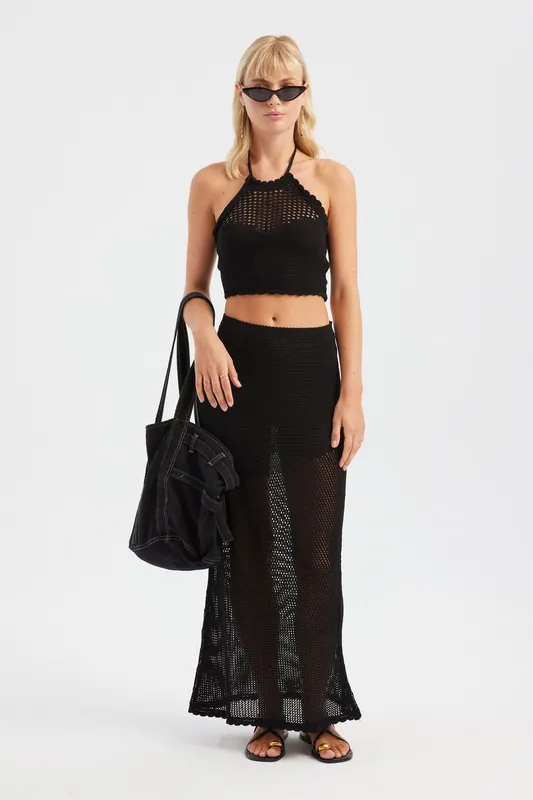 2 Pieces: Crochet Halter Neck Knitted Crop Top & High Waist Maxi Skirt - Hiccup