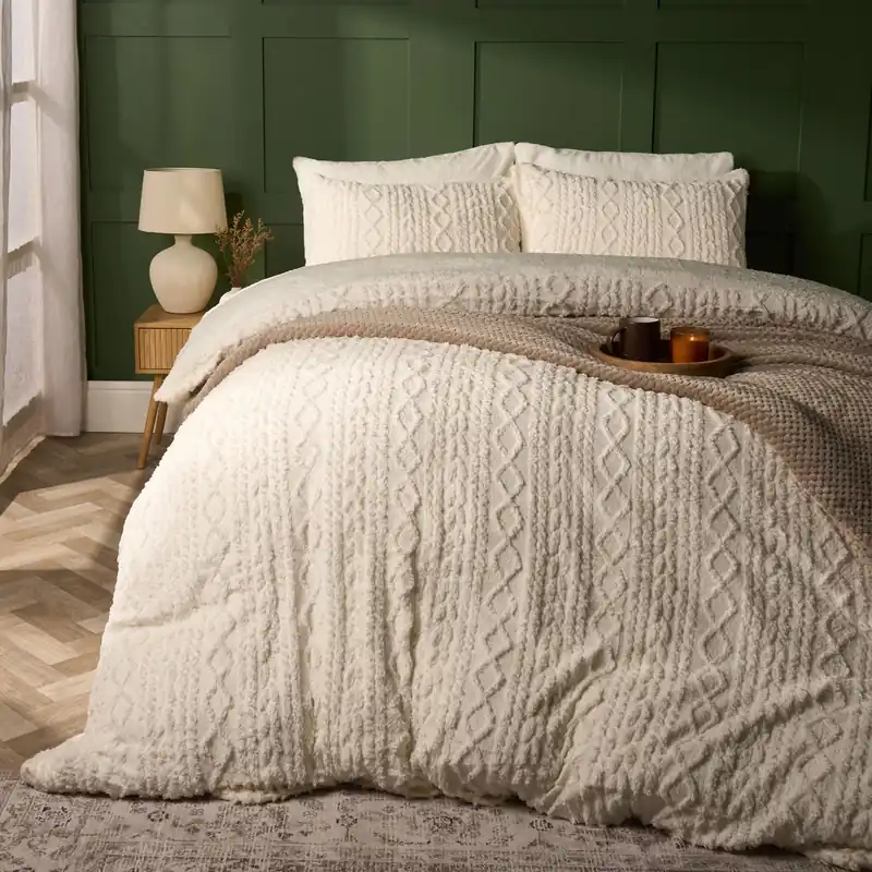 Cable Knit Fleece Duvet Cover Set Warm Reversible Bedding - OHS