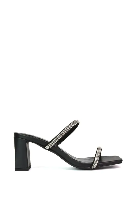Holden' Diamante Strap Square Toe Mid Block Heel Sandal Mules - XY London