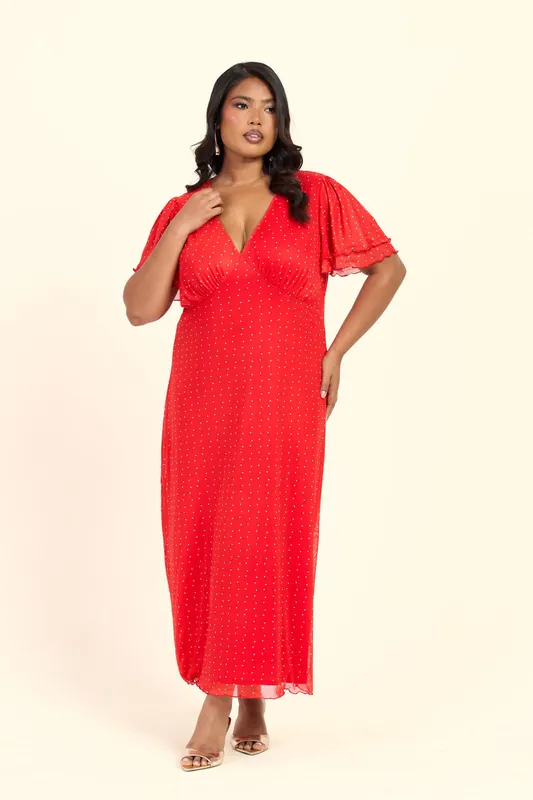 Curve Polka Dot Flutter Sleeve V Neck Midi Dress - FASHION-SZN