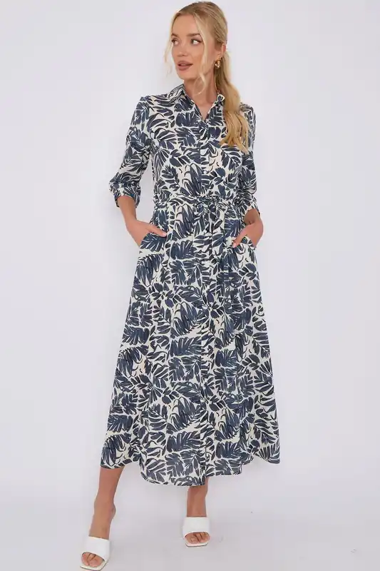 Navy Leaf Print Maxi Shirt Dress - Love Sunshine
