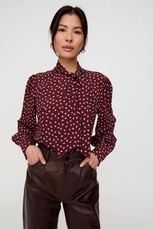 Fifi Pussybow Star Print Blouse In Burgundy - Lily and Lionel