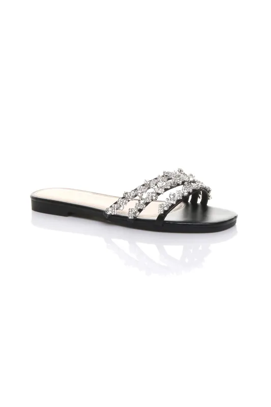 Flat Diamante Sandals Flip Flops Sliders - AJVANI
