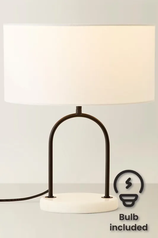 Rachel Black Arch Marble Base Table Lamp with White Linen Lamp Shade and Bulb - ValueLights