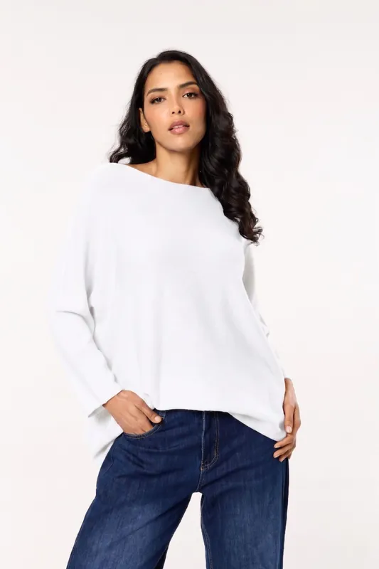 White Off Shoulder Relaxed Knit Jumper - Liquorish