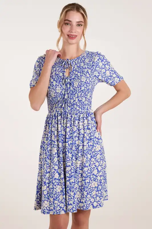 Tie Keyhole Front Puff Sleeve Dress - Blue Vanilla
