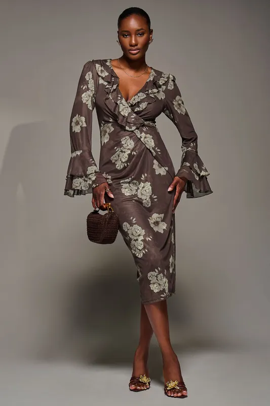 Frill Sleeve Pleated Wrap Midi Dress - Jolie Moi