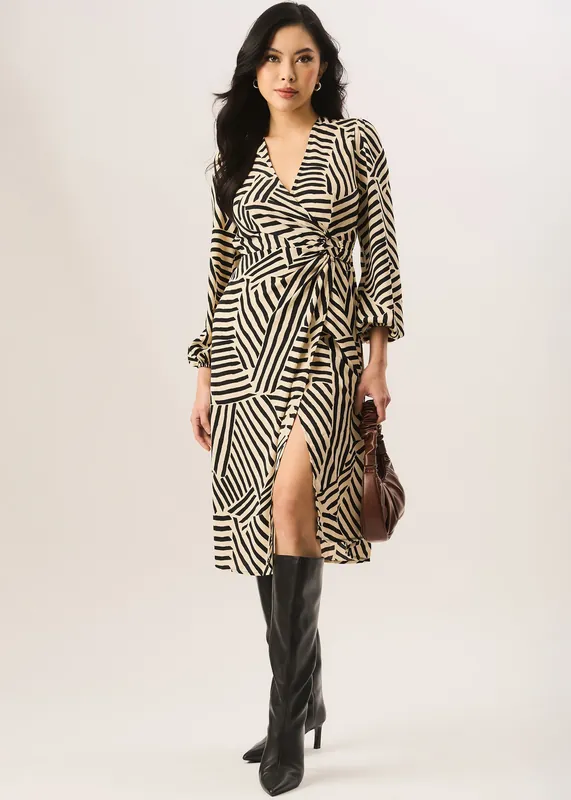 Beige Geo Print Assymetric Hem Wrap Midi Dress - Gini London