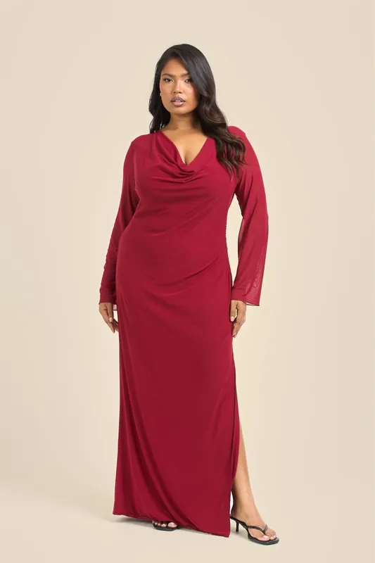 Plus Size Burgundy Long Sleeve Cowl Neck Mesh Maxi Dress - FASHION-SZN