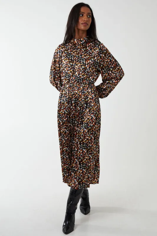 Abstract Animal Print High Neck Blouson Dress - Blue Vanilla