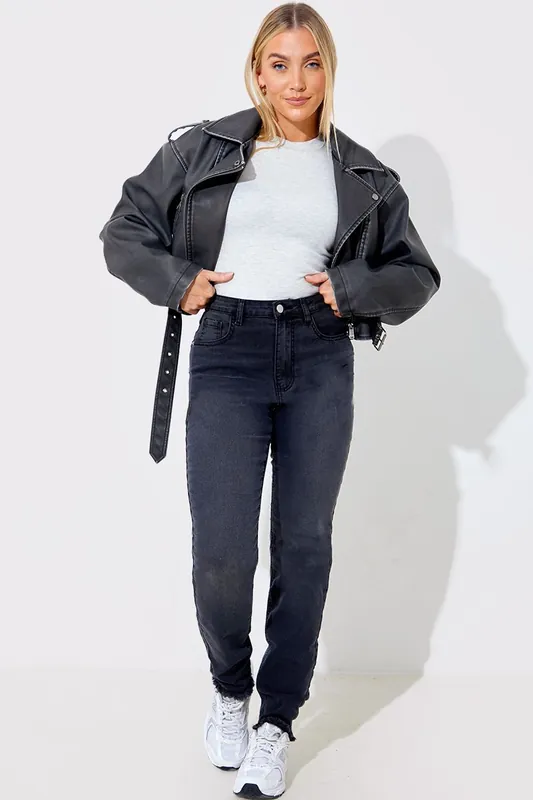 Black Acid Wash Straight Leg Split Hem Jeans - In The Style