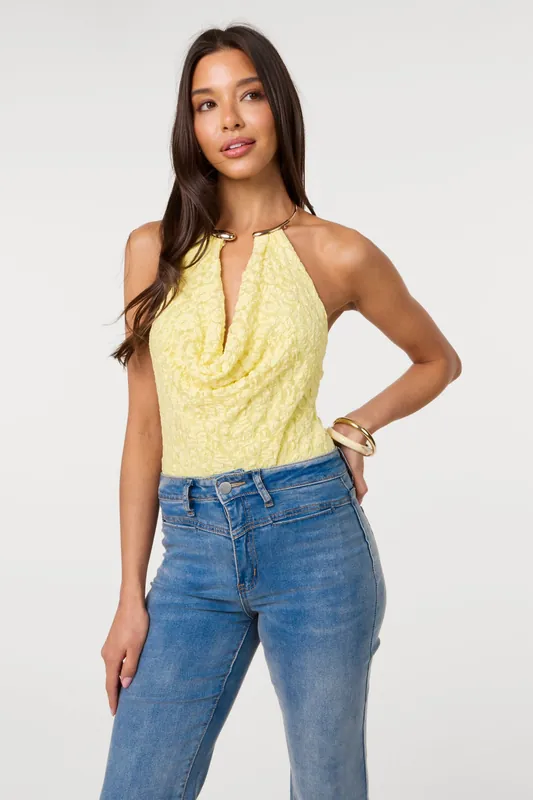 Lemon Lace Bodysuit With Halter Gold Trim - Pink Vanilla