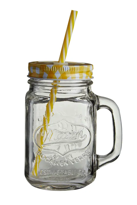 Versatile Embossed Coloured Mason Jar Mug With Yellow Lid, Embossed Clear Glass Bottle With Metal Lid - Orsina