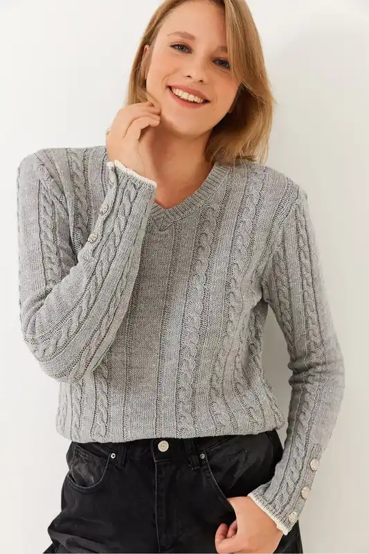 Thick Ribbed Jacquard V-neck Sweater with Button Detail