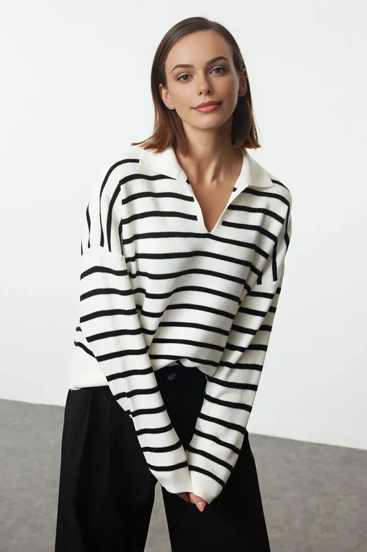 Striped Polo Collar Knitted Sweater - WOVCOR