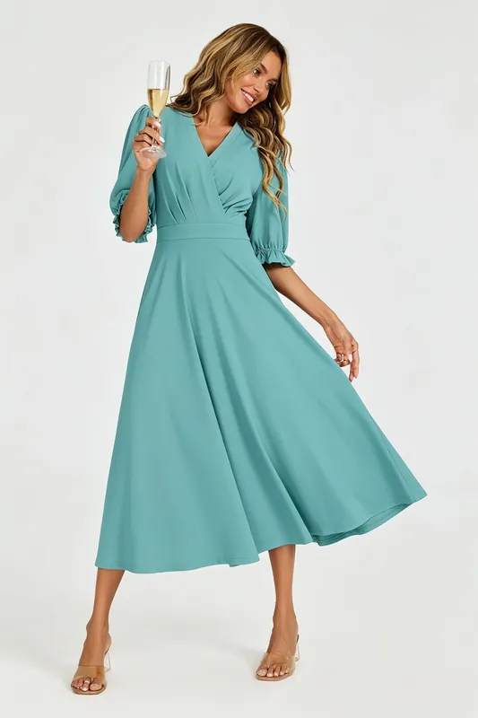 Half Sleeves Jersey Midi Dress with Wrap Neckline - FS Collection