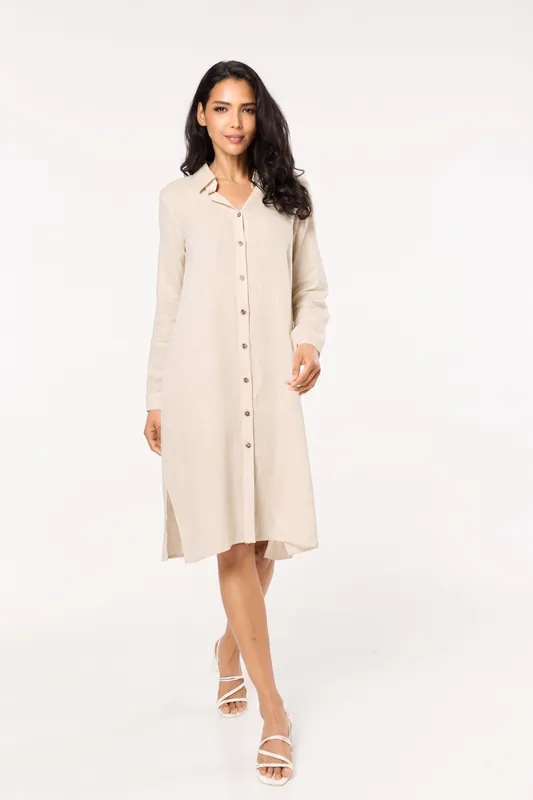Beige Linen Blend Midi Dress - Liquorish