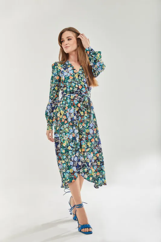 Floral Print Midi Wrap Dress In Multicolour - Liquorish