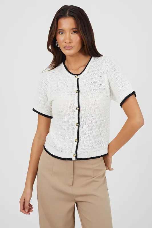 Stitch Detail Short Sleeve Crew Neck Cardigan - Brave Soul
