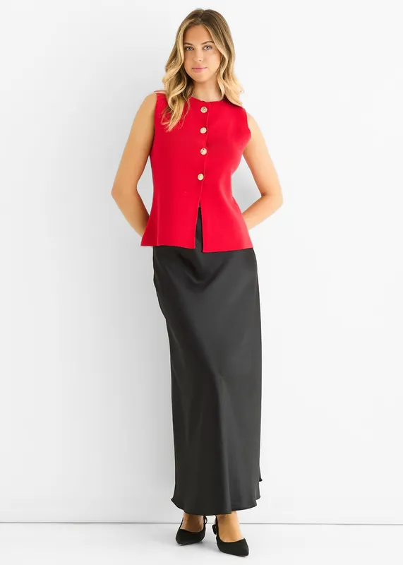 Cherry Red Button Front Compact Knit Waistcoat - Gini London