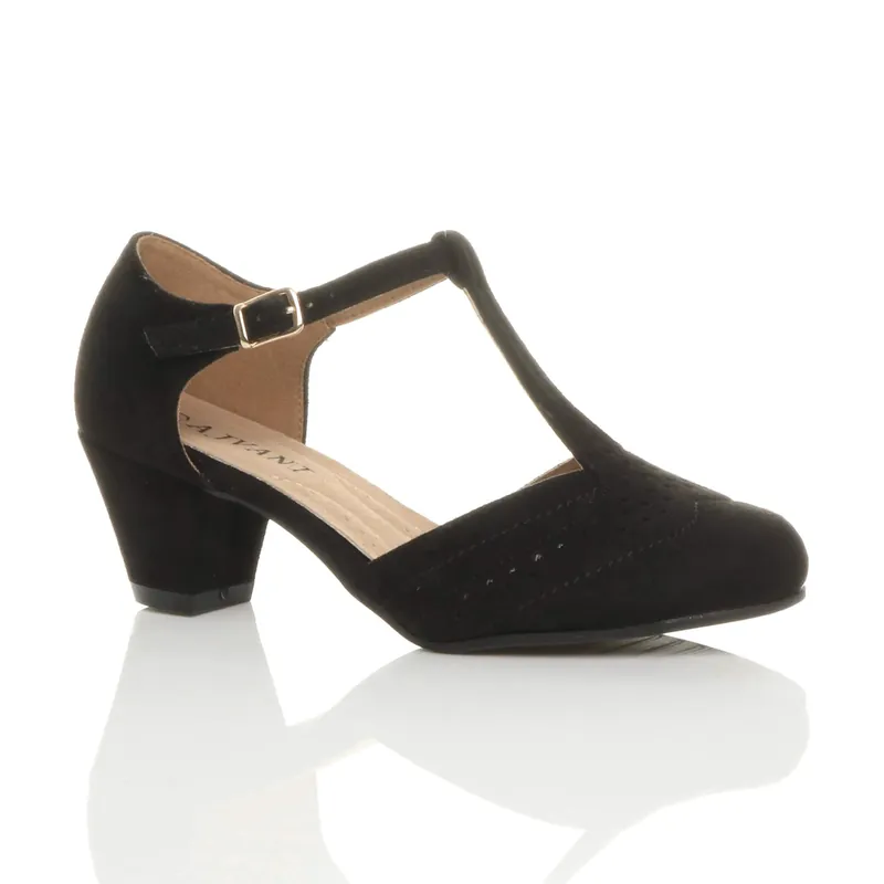 Mid Heel Comfort T-Bar Brogue 2 Part Heels