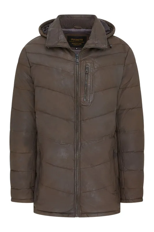 Leather Quilted Jacket Hooded Puffer Winter Coat - Olyic