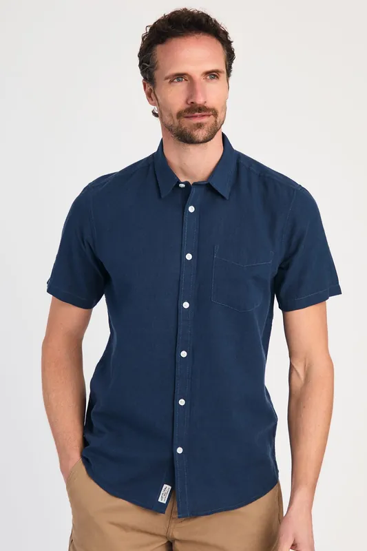Linen Blend Short Sleeve Button-Up Shirt with Chest Pocket
