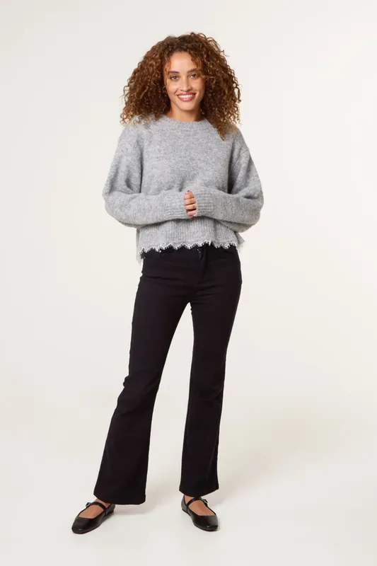 Grey Lace Detailed Crew Neck Jumper - Blue Vanilla
