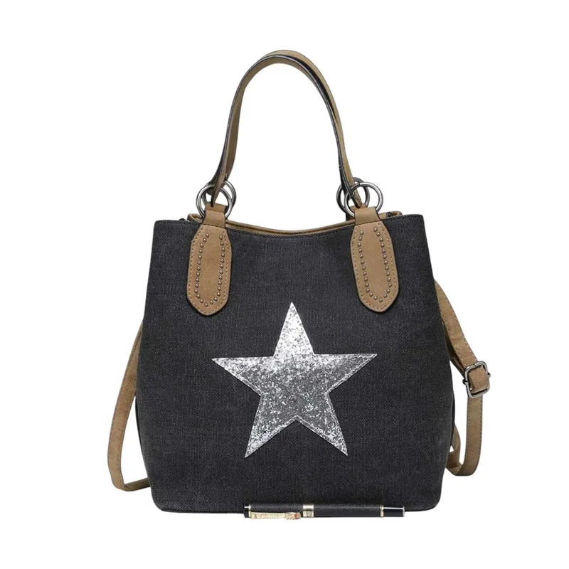 Trendy Canvas Tote with Glitter Star Adjustable Strap and Dual Handles - Kitise