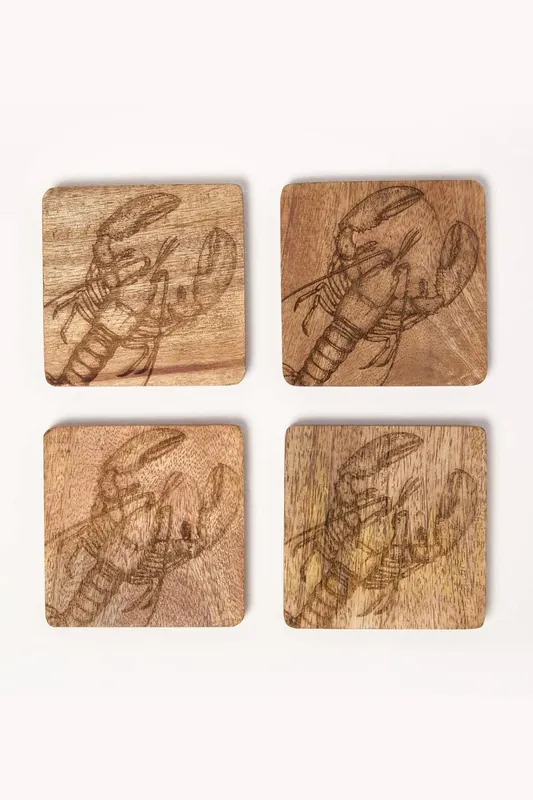 Wooden Coaster Set with Lobster Design, Set of 4 - Homescapes