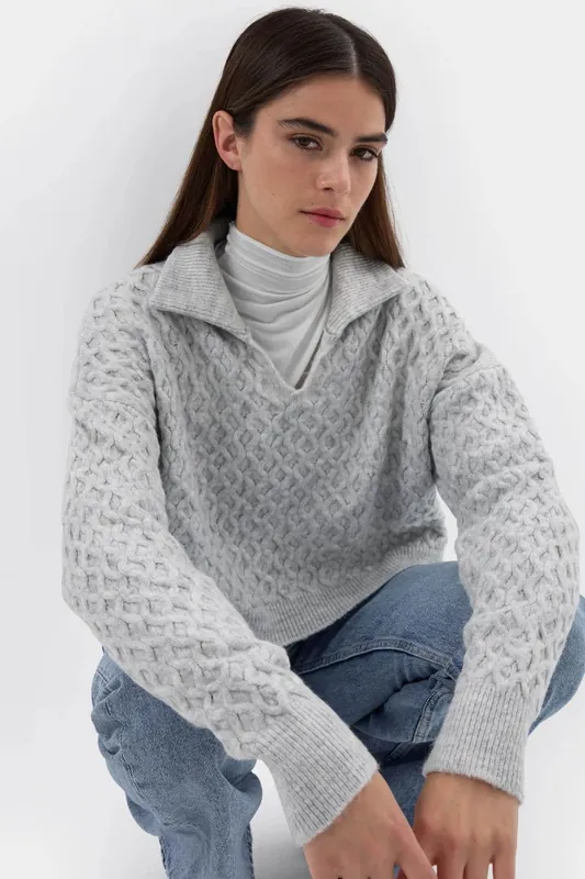 Textured Knitted Sweater with Shirt Collar - Hiccup