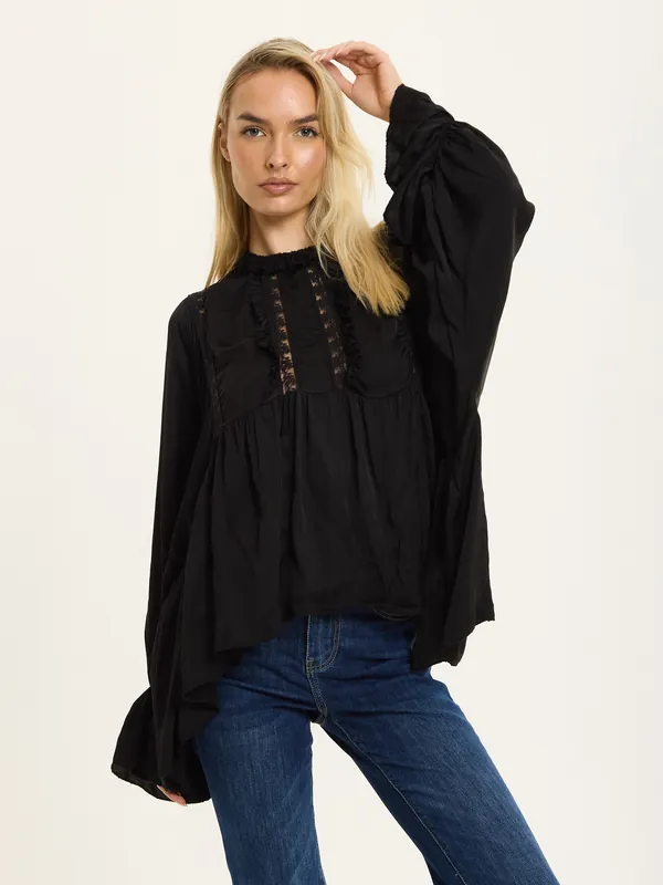 Black Boho Lace Detail Blouse - Liquorish