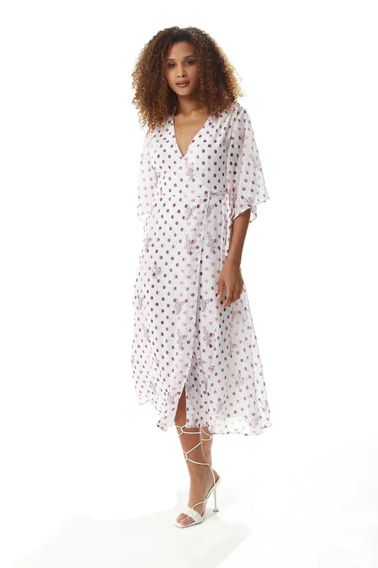 Pink Floral and Polka Dot Print Midi Wrap Dress in White - Liquorish
