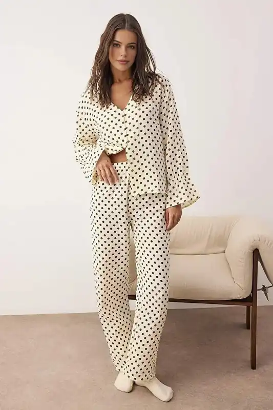 Polka Dot Cotton Muslin Wide Leg Long Sleeve Pyjama Set - WOVCOR