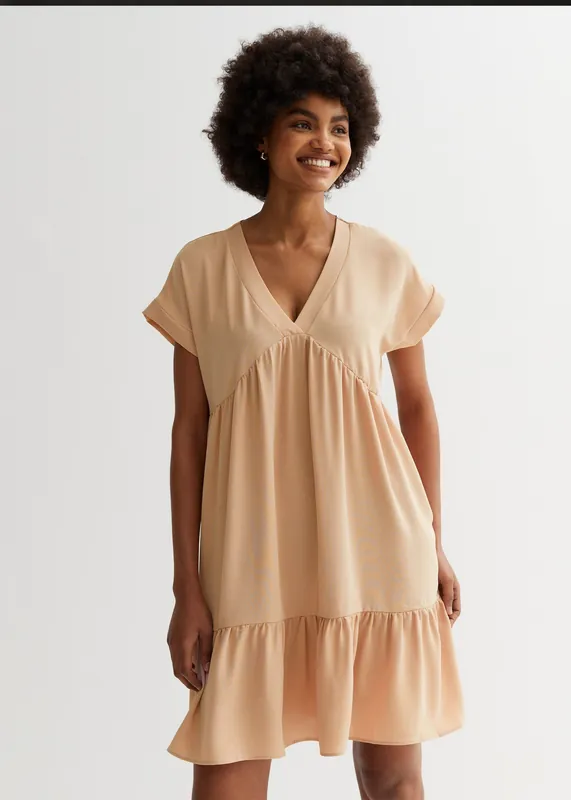 Beige V Neck Tiered Mini Smock Dress - Gini London