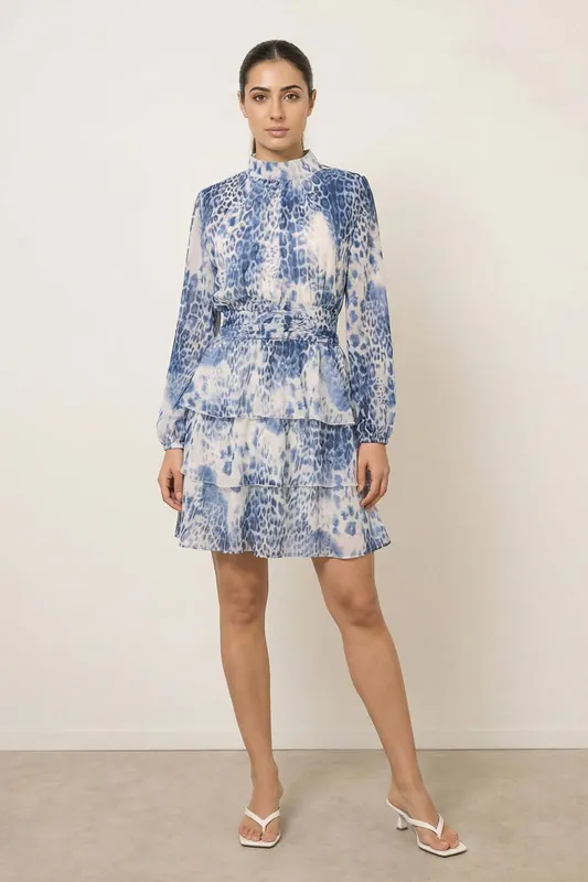 Blue Animal Print Layered Dress - Blue Vanilla