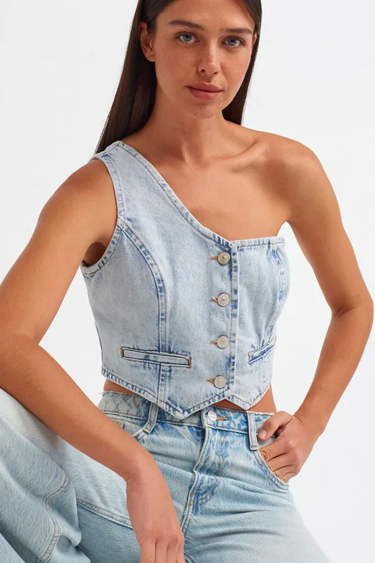 Fitted Cotton Denim Crop Blouse - Dilvin