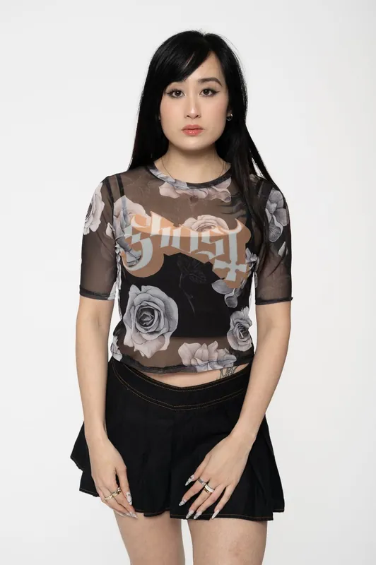 Logo And Roses Mesh Crop Top - Ghost