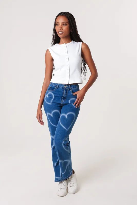 Dark Blue Spray Heart Detail Jeans - Pink Vanilla