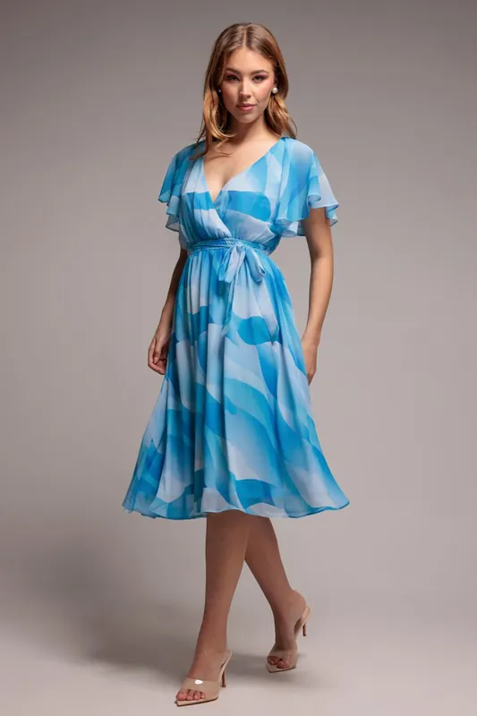 Floral Printed Flutter Sleeve Chiffon Midi Dress - Goddiva