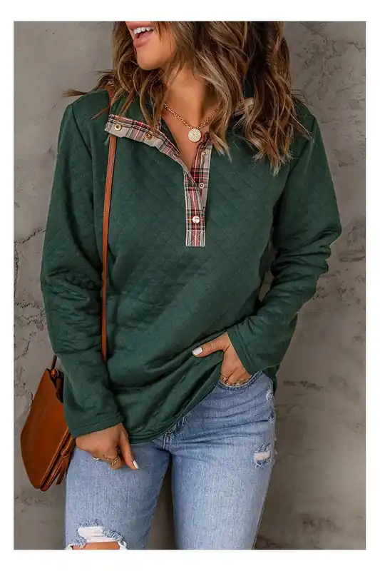 Green Geometric Texture Plaid Trim Sweatshirt - Everyday The Label