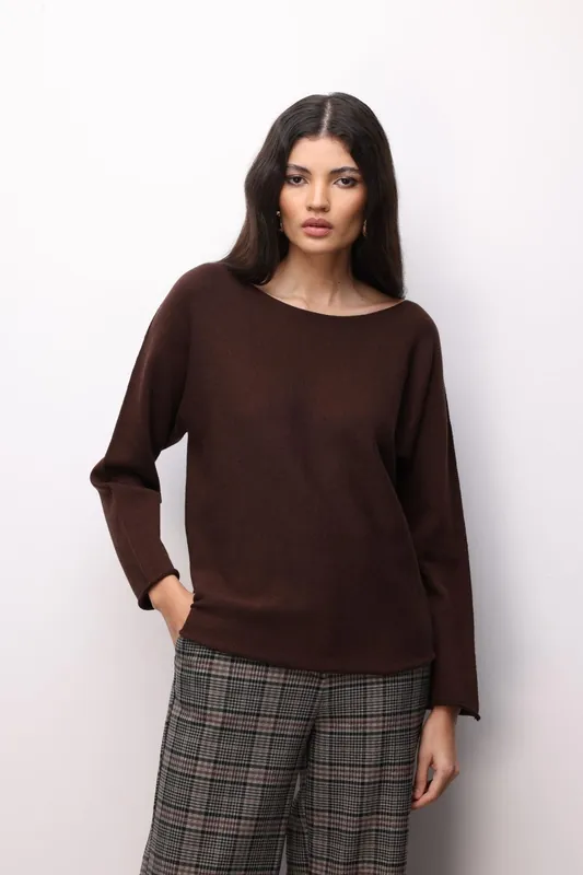 Boat Neck Ribbed Knit Sweater - MixRay