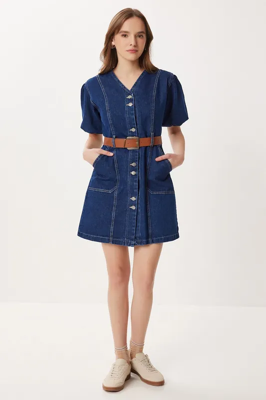 Denim V-Neck Mini Dress with Belt